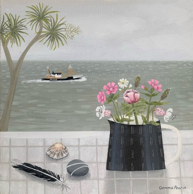 Newlyn Trawler and Pink Wild Flowers